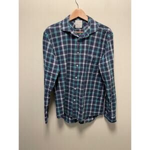 Billy Reid Men Standard Cut Shirt Medium Blue Plaid Button Up Long Sleeve Modern
